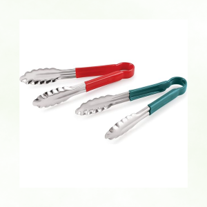 Vinyl-Coated Handle Utility Tongs — Stainless Steel Body (Red / Black / Green) — 9.5", 12", 16"